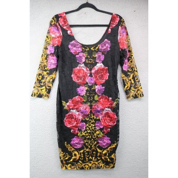 Venus 3/4 Mesh Sleeves Lace Sheer Floral Bodycon Dress-Large-Whimsigoth-Lined - Picture 1 of 13